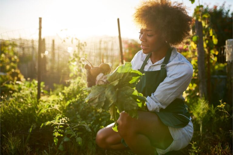 Smiling Woman Harvesting Vegetables in the Garden