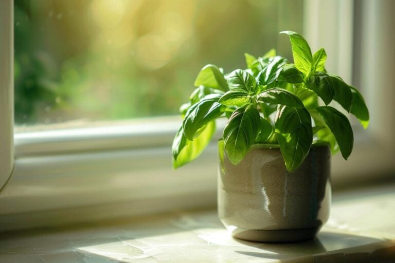 A Healthy Basil Plant Growing Next to a Kitchen Window