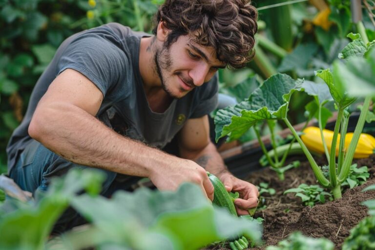 Young Man Picking Fresh Zucchini From Garden