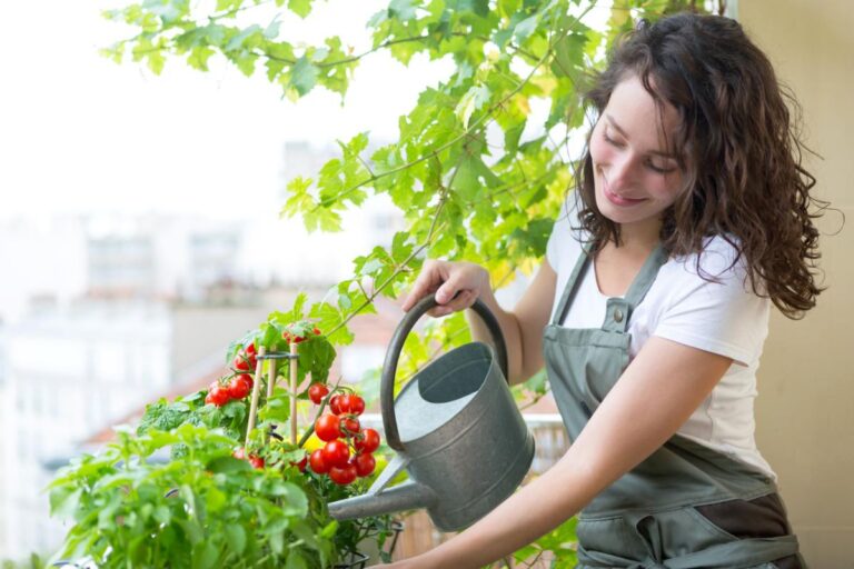 Woman Watering Tomato Plant in a Balcony Garden