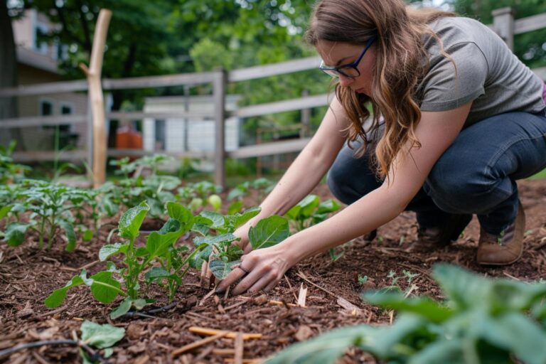 Young Woman Using Mulch Around the Plants in Her Vegetable Garden