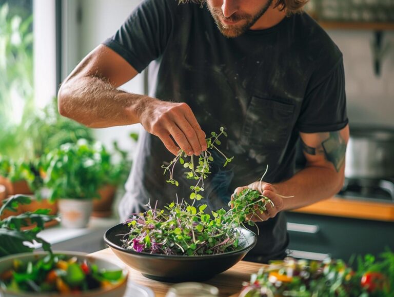 A Man Adding Microgreens to a Salad in His Kitchen