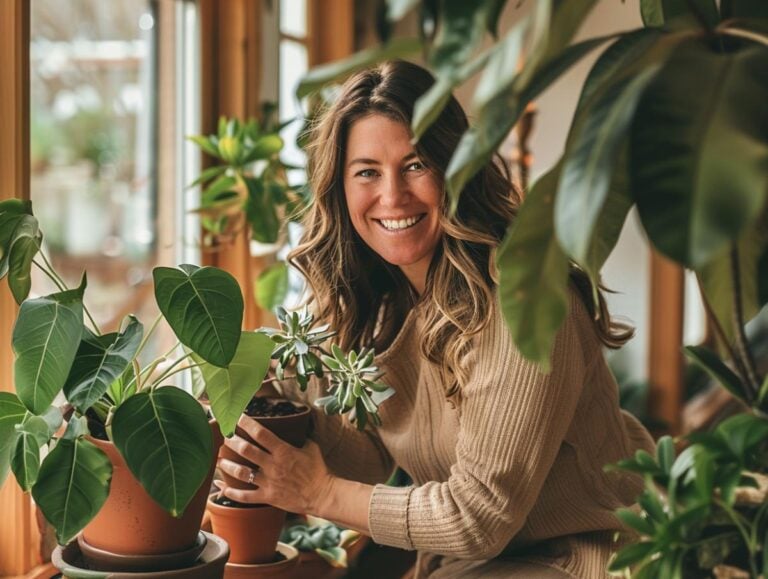 A happy woman tending to plants indoors during the winter