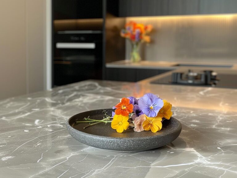 Edible flowers on a stone plate in the kitchen