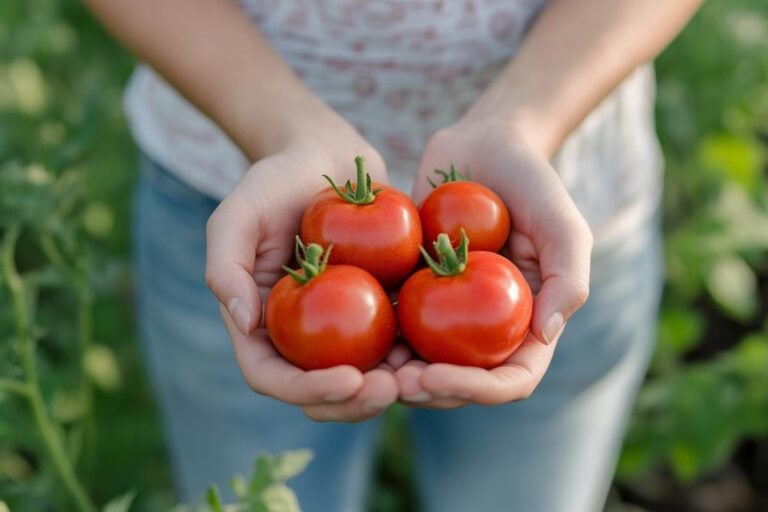 A Woman Holding Fresh Tomatoes from Her Garden