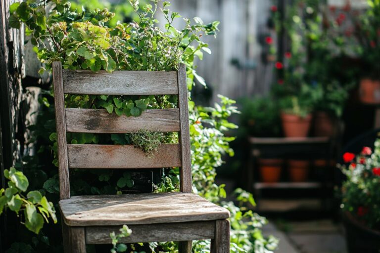 An Old Wooden Chair Being Used As a Plant Support