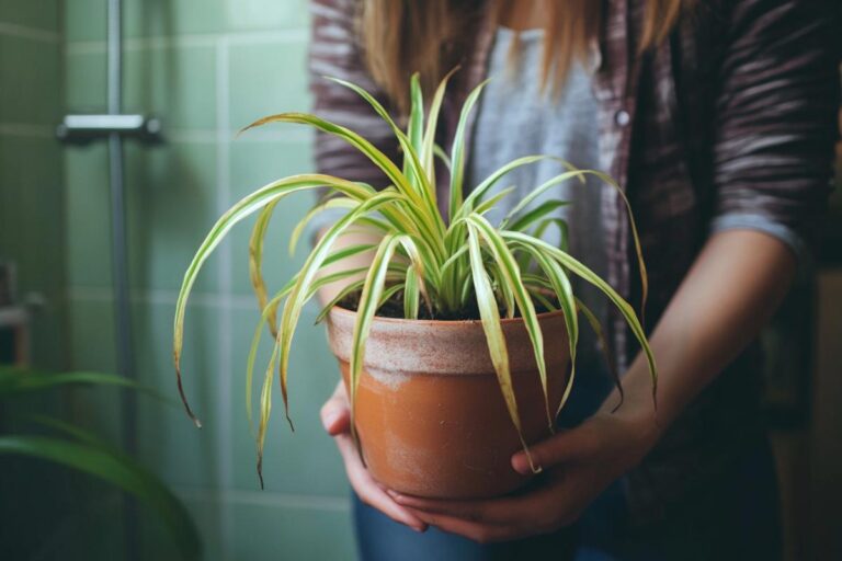 Close Up of a Woman Holding a Browning Spider Plant