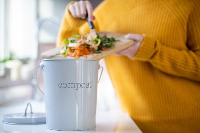 Scraping kitchen scraps into a bucket for composting